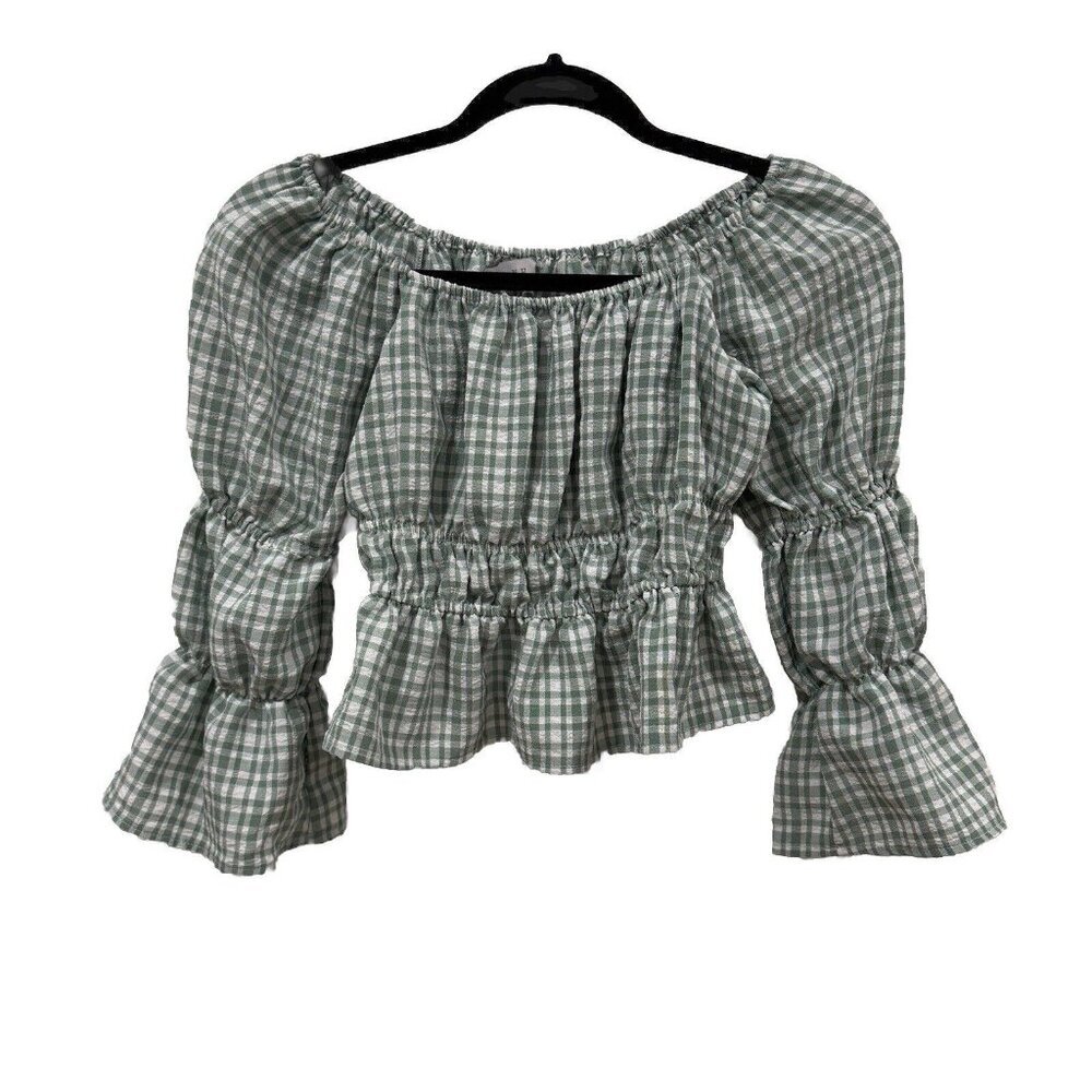 Wayf Top Women's Xs Green White Gingham Stretch Off-the-Shoulder Blouse Peasant